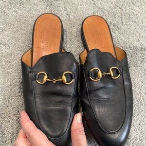 Gucci Black Leather Mules with Gold Hardware